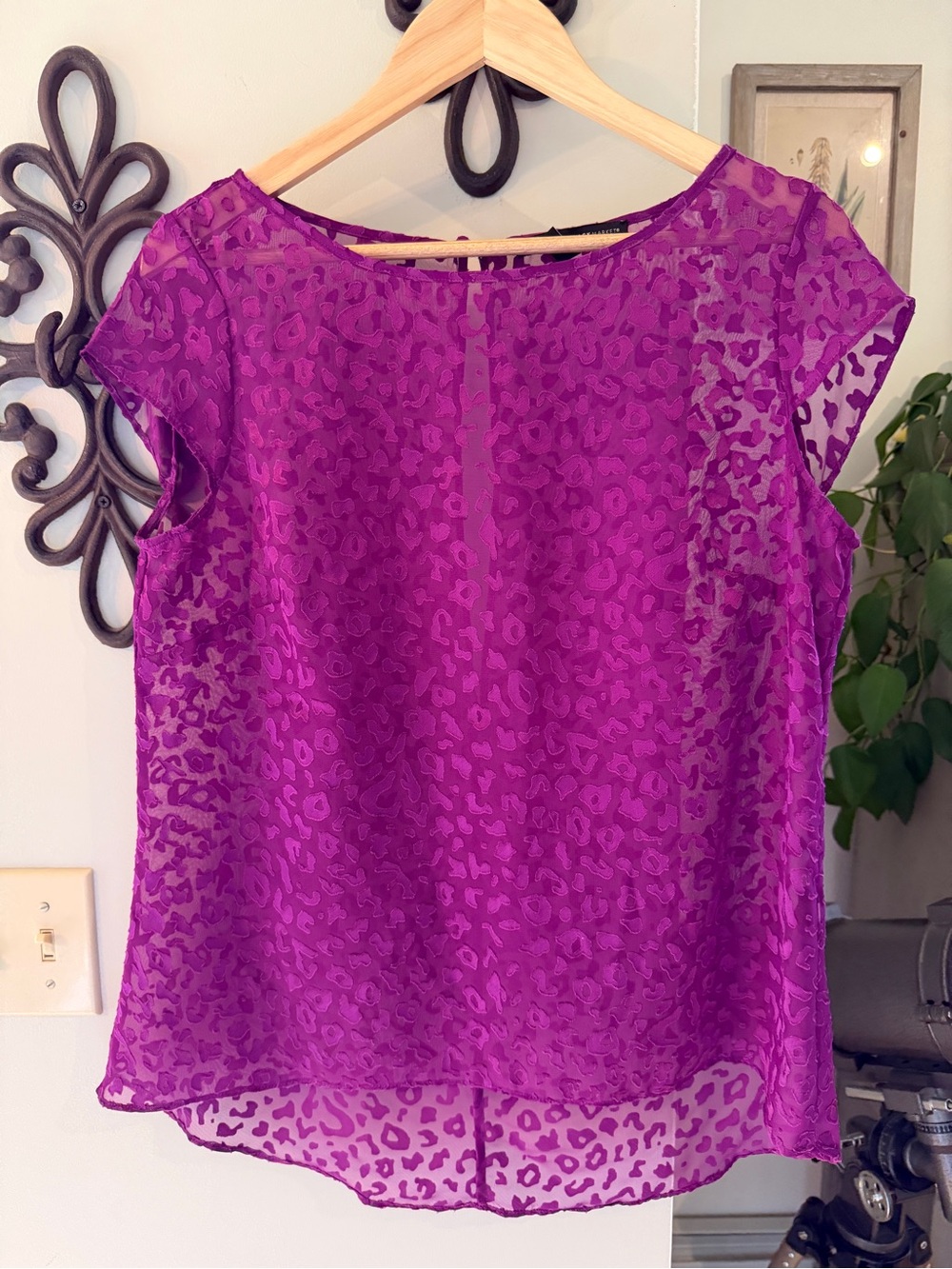 White House Black Market Purple Sheer Leopard-Print Blouse